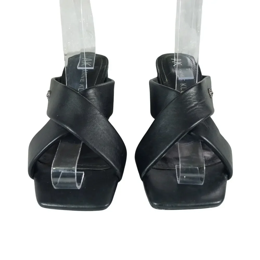 ANNE KLEIN! BLACK VEGAN LEATHER CRISS CROSS STRAP CHUNKY HEELS, SANDALS! 6.5M